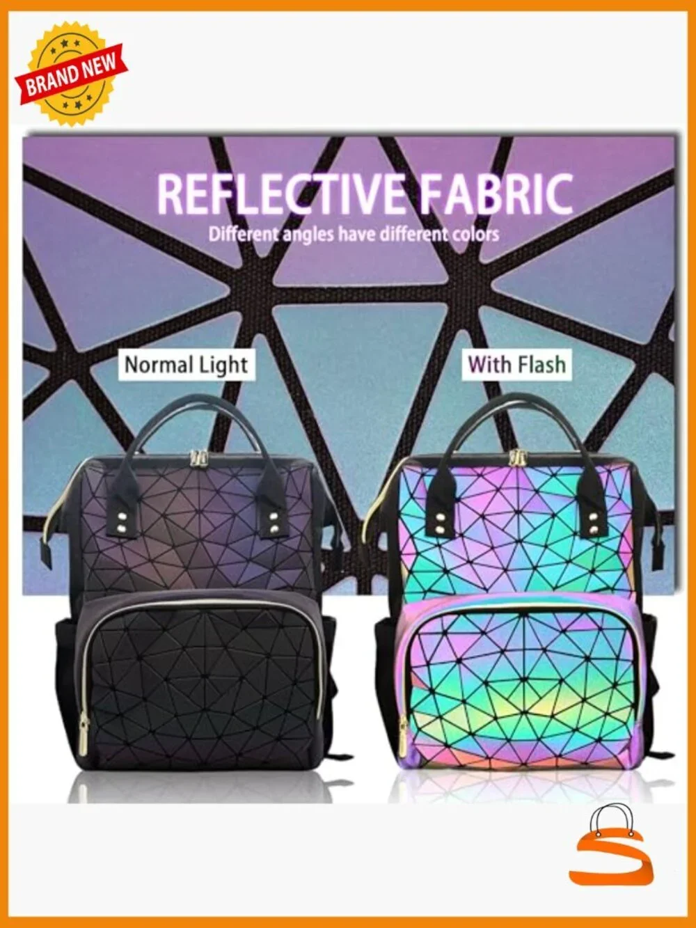 Geometric Holographic Laptop Backpack USB Port Travel Daypack
